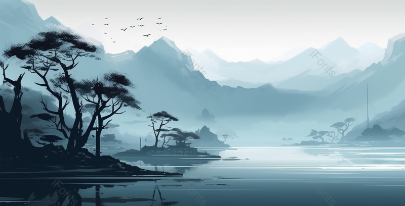 安静湖边树林新中式蓝色水墨意境山水画,插画/手绘图,插画/手绘图库,插画/手绘图下载,插画/手绘